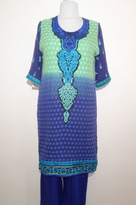 Salwar Kameez Viskose blau-grün Stoffset / Anfertigung
