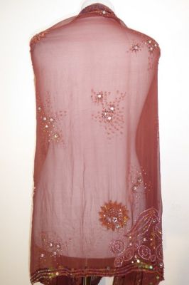 Dupatta Georgette rotbraun mit grünen Pailletten