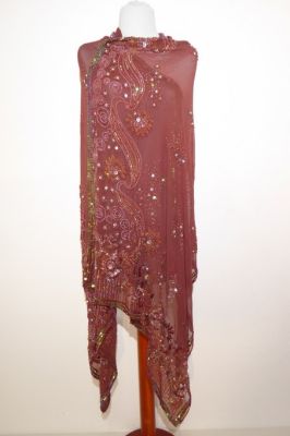 Dupatta Georgette rotbraun mit grünen Pailletten