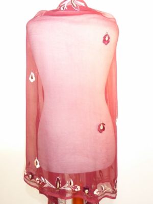 Dupatta Seidenchiffon weinrot mit weißer Stickerei