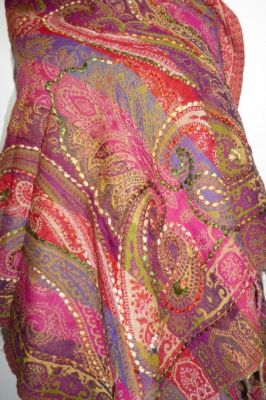 Wollschal 'boiled wool' bestickt rot-grün-magenta