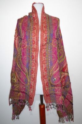 Wollschal 'boiled wool' bestickt rot-grün-magenta