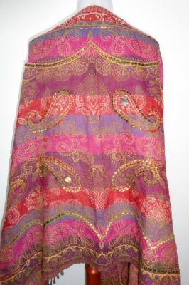 Wollschal 'boiled wool' bestickt rot-grün-magenta