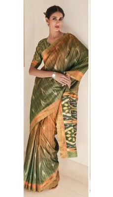 Sari 'Handloom' olivgrün-ocker