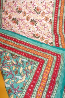 Quilt 'Blockprint' mit zwei Schauseiten - türkisgrün-rot-gelb