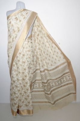 Baumwoll-Sari creme-gold mit Blättermotiven und Borten gold