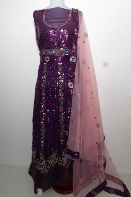 Lengha Choli Floral Beauty Stoffset 3-teilig aubergine-violett mit Samt