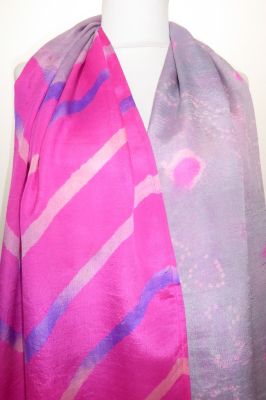 Seidenschal XL pink-flieder-grau mit Batikmuster I