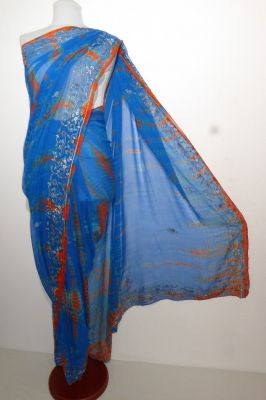 Lagerräumung - Sari aus reinem Seidenchiffon blau-orange