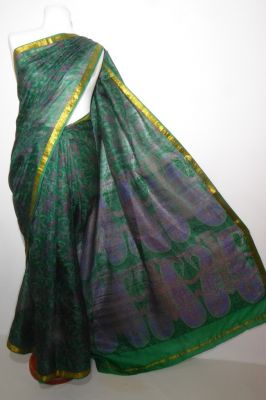 Seidensari dunkelgrün mit floralen Mustern, Vintage Sari aus reiner Seide, indischer Seidensari