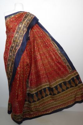 Seidensari rot - blau mit floralen Mustern, Vintage Sari aus reiner Seide, indischer Seidensari