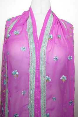 Dupatta Georgette erikaviolett mit Blumenstickerei