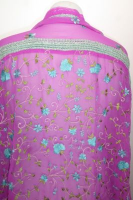 Dupatta Georgette erikaviolett mit Blumenstickerei