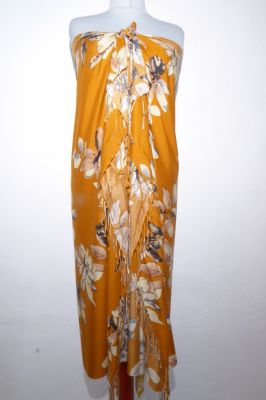Bali Sarong hellorange mit weißen Blüten, Lungi gemustert