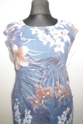 Leinenkleid graublau mit floralen Mustern - XXL und XXXL