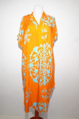 Kaftankleid orange türkis aus reiner Viskose