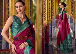 Brokatsari DRASHTI magenta mit Borte petrol