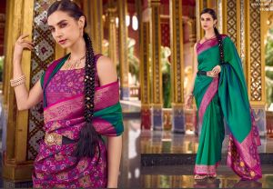 Brokatsari DRASHTI grün mit Borte magenta