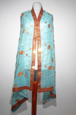 Dupatta Georgette türkis mit roter Borte und Goldpailletten