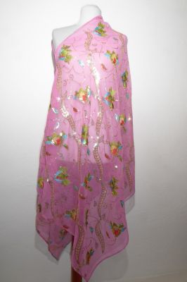 Dupatta Georgette rosa mit bunten Blumen