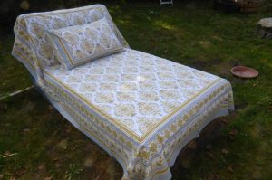 Tagesdecke Baumwolle 2-tlg creme-curry-graublau