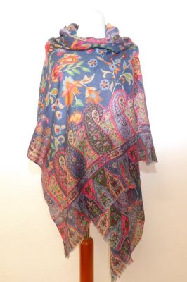 Fine Wool Wollschal dunkelblau mit Blumen und Paisleys