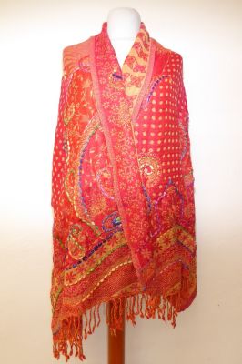 Wollschal 'boiled wool' bestickt rot-beige mit Punkten