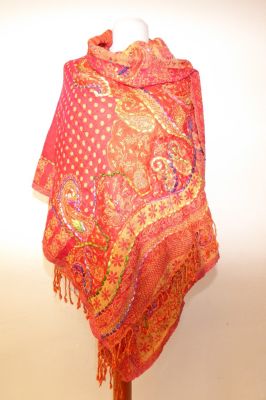 Wollschal 'boiled wool' bestickt rot-beige mit Punkten