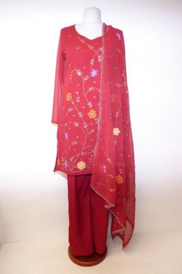 Salwar Kameez 3-teilig Georgette rot mit Pailletten - M