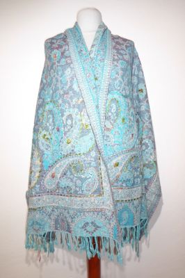 Wollschal boiled wool bestickt taubenblau-türkis