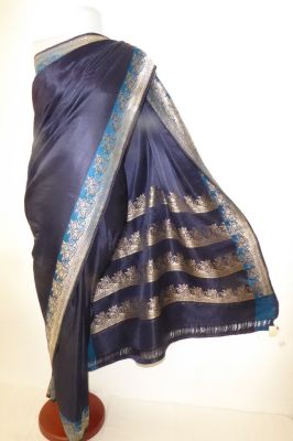 Benarsi Brokatsari Satinseide nachtblau - B-Ware