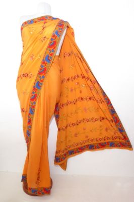 Sari aus reiner Kreppseide orange mit Blumenborte