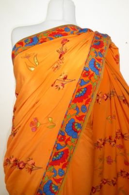 Sari aus reiner Kreppseide orange mit Blumenborte