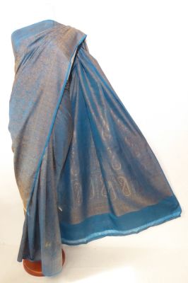 Benarsi Seidenbrokatsari capriblau mit Paisleymotiven