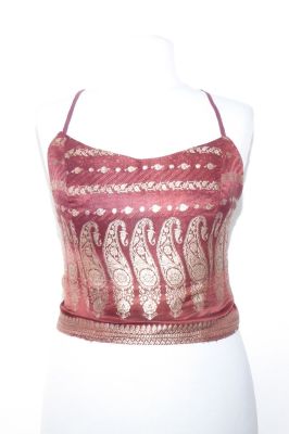 Corsagen-Top Seidenbrokat hellbraun-gold, Upcycling Corsage aus indischem Seidenbrokat