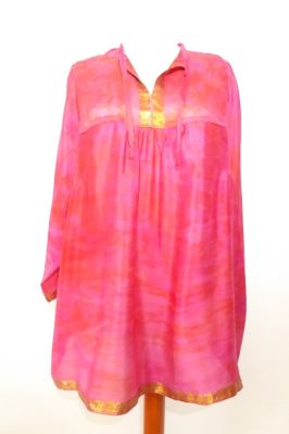 Seiden-Tunika Melanie rosa mit Goldbrokat XL bis XXL, Tunika aus reiner Kreppseide