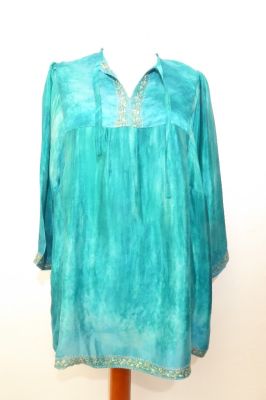 Seiden-Tunika Melanie türkis mit gestickten Borten, Tunika aus reiner Kreppseide