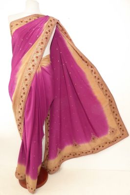 Sari aus reiner Kreppseide magenta-hellbeige