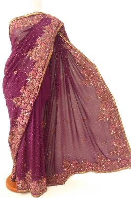 Georgetteseidensari burgund aufwändig bestickt