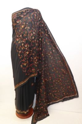 Georgetteseidensari schwarz aufwändig bestickt