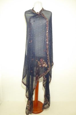 Dupatta Seidenchiffon dunkelblau mit Perlenstickerei