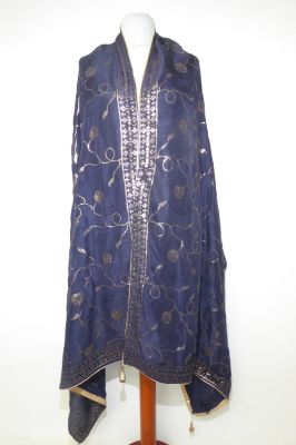 Dupatta aus nachtblauer Seide mit goldener Paillettenstickerei