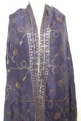 Dupatta aus nachtblauer Seide mit goldener Paillettenstickerei