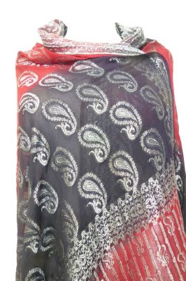 Dupatta Georgette schwarz-rot mit Silberbrokat