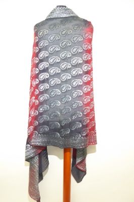 Dupatta Georgette schwarz-rot mit Silberbrokat