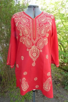 Baumwoll-Tunika Ansula XXL rot, indische Chikan Tunika