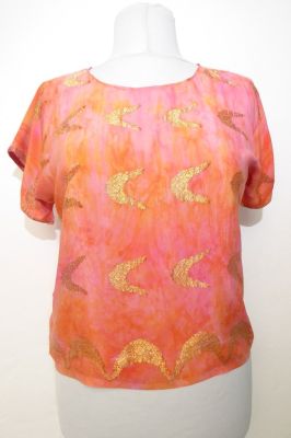 Seidentop orange-rosa mit Goldbrokat, Upcycling Sommertop aus indischer Sariseide