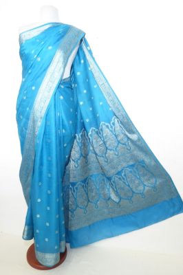 Seidensari hellblau mit silbergrau, indischer 2nd hand Seidensari hellblau