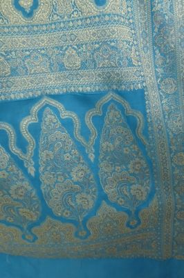 Seidensari hellblau mit silbergrau, indischer 2nd hand Seidensari hellblau