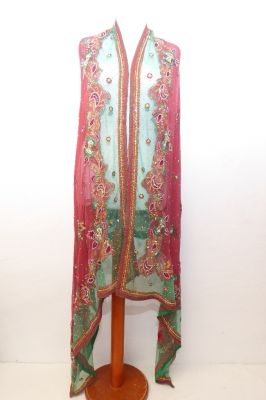 Dupatta Chiffon grün-rot mit Perlenstickerei
